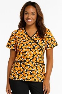 Tafford Scrub Uniform Top Medium Halloween Candy Corn Pattern Orange Black White - Picture 1 of 9