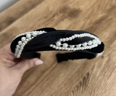 Black Soft Velvet Pearl Knot Headband/Hairband pearls - Image 1 of 4