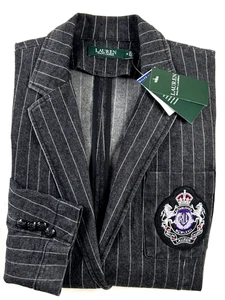 NEW RALPH LAUREN Size 12 Women's Blazer Black Colorwash Denim Striped CREST $198 - Picture 1 of 8