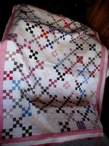 Antique Hand Stitched Nine Patch Quilt 64" x 76" FEED SACK FABRICS~FARM HOUSE - Picture 1 of 10