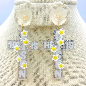 "Pendientes de brillo de flor cruzada ""He Is Risen"" en blanco o rosa, Pascua (2,5x1,1 pulgadas) - Imagen 1 de 6