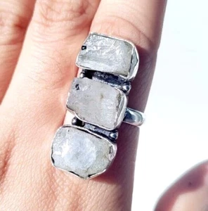 Regenbogen Mondstein Natur Edelstein 925 Sterling Silber Handarbeit Schmuck Ring - Bild 1 von 9