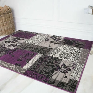 Purple Black Grey Modern Patchwork Rug Soft Milan Living Room Carpet Mat Xmas UK - Picture 1 of 14