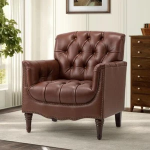 JAYDEN CREATION Arm Chair 32" Button-Tufted Genuine Leather W/Solid Wood Legs - Picture 1 of 1
