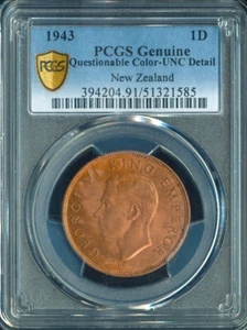 1943 New Zealand Penny 1D PCGS UNC Detail Red Quality - Picture 1 of 2