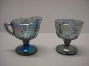 Harvest Blue Iridescent Carnival Glass Grape & Leaves Open Sugar Bowl & Creamer - Picture 1 of 14