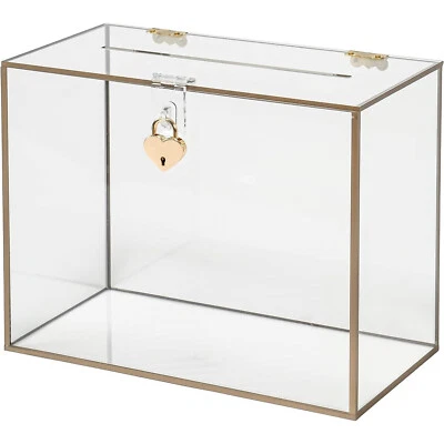 "Caja de tarjetas de boda de acrílico transparente de 10,5"" x 8,5"" con marco dorado y bloqueo de corazón" Foto 1 de 4