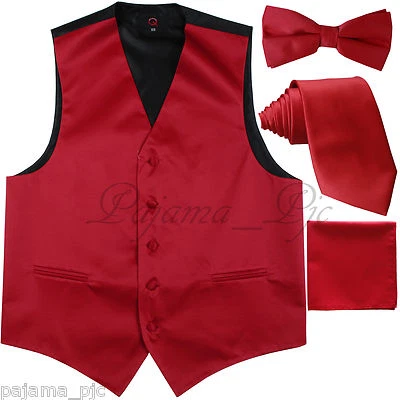 Red Solid Vest Waistcoat and Straight Cut Bow Tie & Neck tie & Hanky Wedding 10F - Image 1 of 3