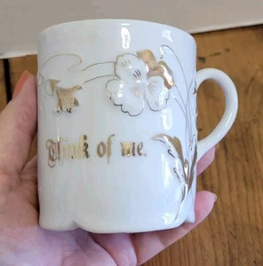 Vintage Porcelain Coffee Cup Mug 3 1/2" Gold Flower THINK OF ME Design Germany - Picture 1 of 4
