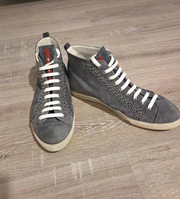 PRADA SPORT Suede High Top Sneakers Grey Eyelet Detail Women's Size 38.5 US 8 - Image 1 of 4
