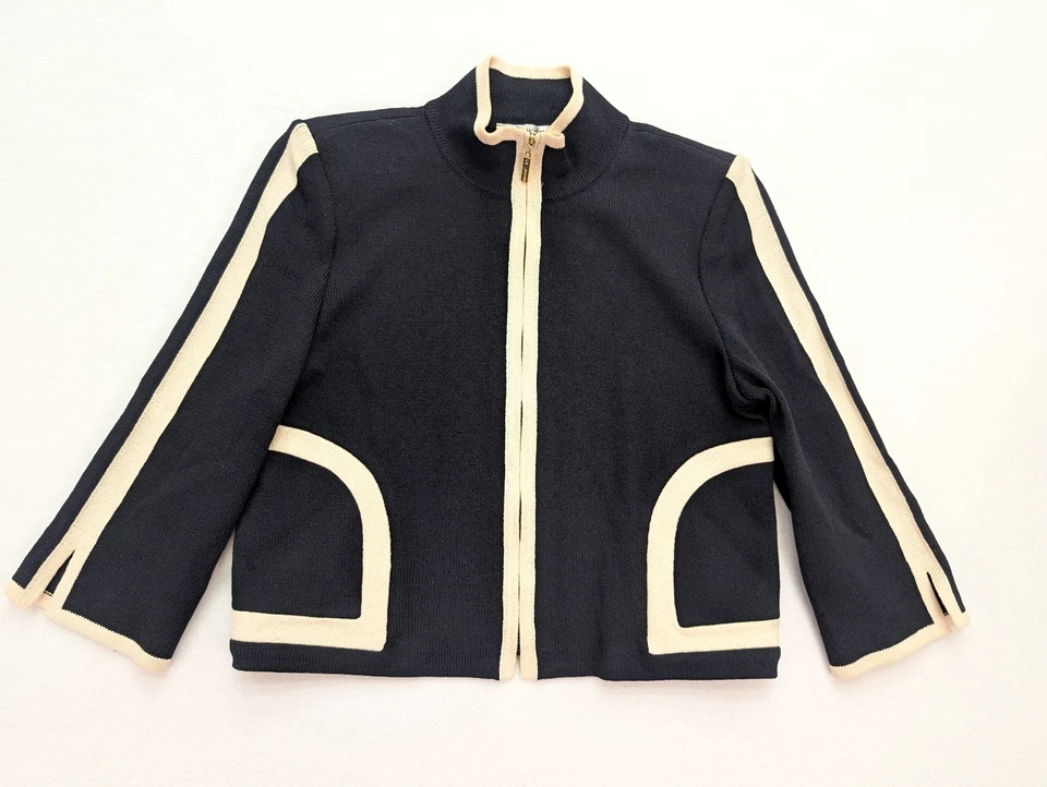 St. John Women's Blazer Jacket Size M Black Cream Ivory Trim Full Zip 3/4 Sleeve - Image 1 of 4