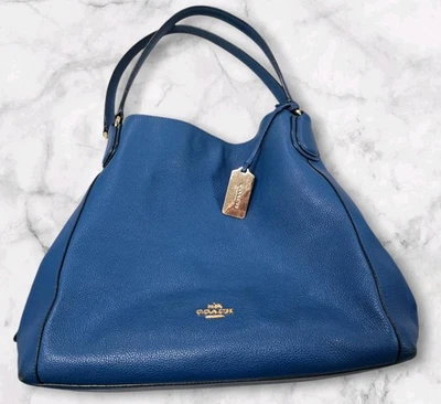 Bolso de Hombro Coach Edie 33547 Triple Compartimento Cuero Guijarro Azul Dorado Foto 1 de 4