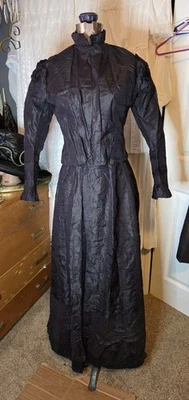 Midnight Blue Victorian Silk Taffeta w/ Pink Stitch Ruffle Walking Suit READ - Image 1 of 4
