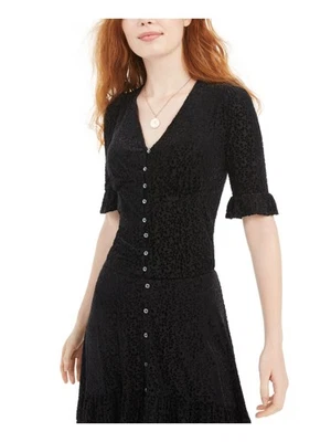 AMERICAN RAG Womens Black Fitted Ruffled Burnout Velvet Button Up Top S - Image 1 of 3