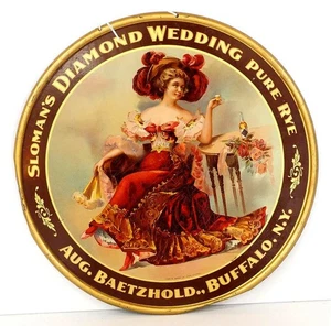 INSEGNA PUBBLICITARIA WHISKY AMERICANO LITOGRAFIA LATTA ORIGINALE C1905 - GOLDEN WEDDING - Foto 1 di 3