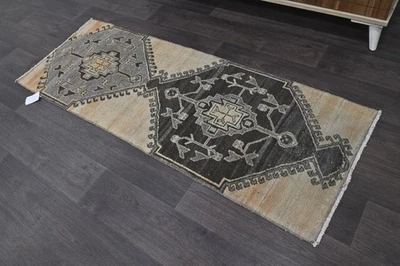 Vintage Turkish Runner Rug 2x5ft BEIGE Handmade Anatolian Oushak Hallway Wool - Image 1 of 4