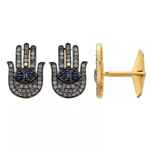 0,96Ct Evil Eye Hamsa Diamant Saphir Pave Set Manschettenknöpfe vergoldet 925 Silber - Bild 1 von 3