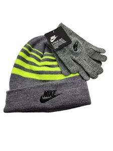 Nike Boys Youth Winter Ski Beanie & Gloves 2-Piece Set Grey /Green NEW - Picture 1 of 6