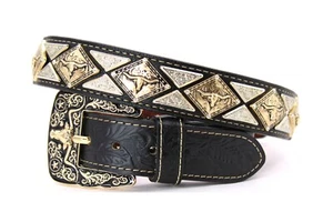 West Belt BK Silver Longhorn Gold Concho Floral Pants 34 Toro Cinto Vaquero - Picture 1 of 10