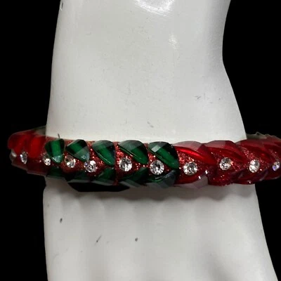 Christmas Holiday Red Green Bracelet Bangle Rhinestones Glitter Faceted 7-3/4" - Image 1 of 4