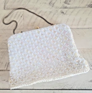 VINTAGE La Regale Abendtasche cremefarbene & weiße perlenfarbene Schulterkette - Bild 1 von 5