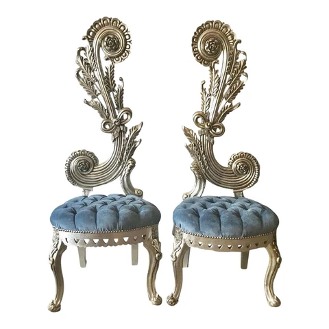 Italian Silver Fantasy Blue Tufted Velvet Throne Chairs - a Pair Cover
