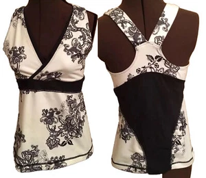 Lululemon Floral Black White Women Size 6 Run Deep V Top Tank Mesh Back - Bild 1 von 13
