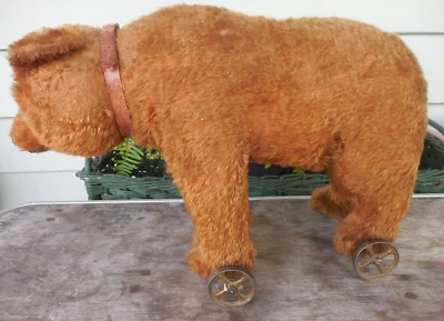 Large Antique Mohair Teddy Bear On Metal Wheels w Collar Steiff? Straw Stuffed - Image 1 of 4
