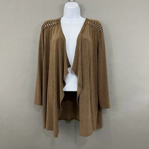 Chico’s Travelers Jacket Womens 4 XXL/20 Brown Liquid Knit Chain Trim Open - Picture 1 of 16