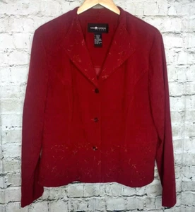 Sag Harbor Womens Peplum Jacket 16 Ruby Red Moleskin Floral Embroidered ButtonUp - Picture 1 of 9