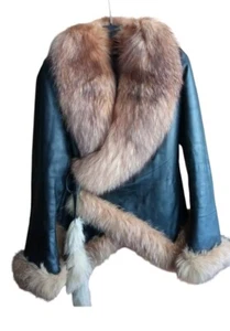 Ladies black leather jacket with red fox fur collar Size XL, Best Fits For L-M - Picture 1 of 15