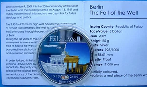 PALAU 5 $ 2009 ARGENTO RARE MINTAGE 2009 PCS THE FALL OF THE WALL MURO DI BERLIN - Imagen 1 de 3
