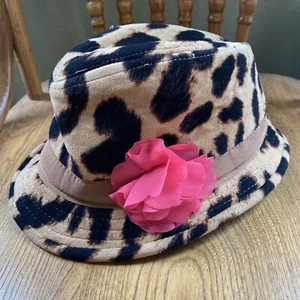 BABY GAP Leopard Print Velour Fedora Hat With Hot Pink Silk Flower SZ Small/Med - Picture 1 of 7