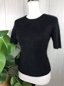 Maglione vintage capelli d'angora nero manica corta maglia aderente a costine taglia media - Foto 1 di 10