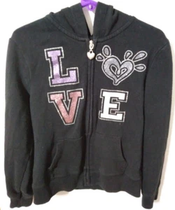 JUSTICE SIZE 7 BLACK LONG SLEEVE HOODED FULL ZIP SWEATSHIRT "LOVE" #1D - Picture 1 of 2
