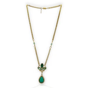 Collana perle strass goccia lacrima verde smeraldo tono oro 1928 vintage firmata - Foto 1 di 7