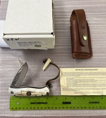 King Ranch Limited Edition Antler Handle Lion Knife Liner Lock w/ Leather Case - Image 1 of 4