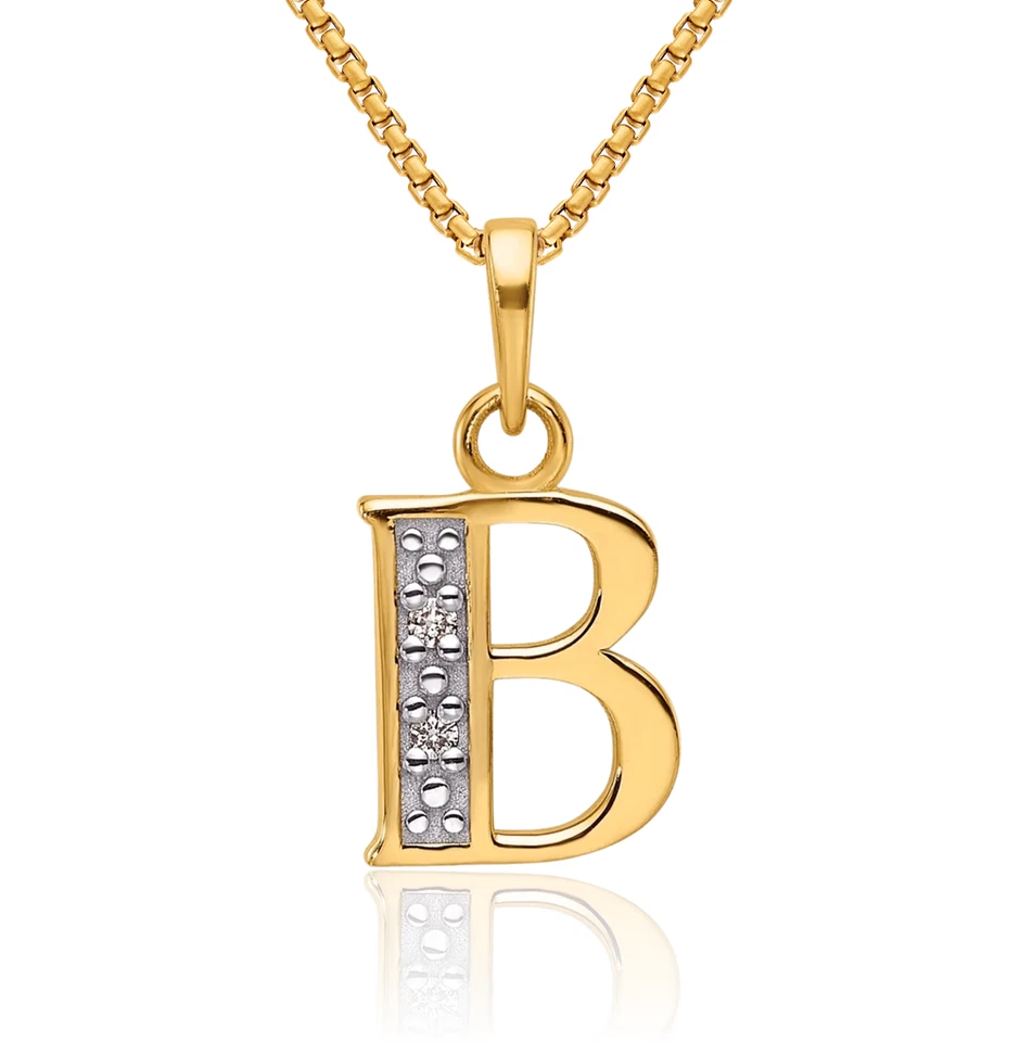 Collar inicial de diamantes de oro amarillo macizo de 14K con letra B Foto 1 de 1