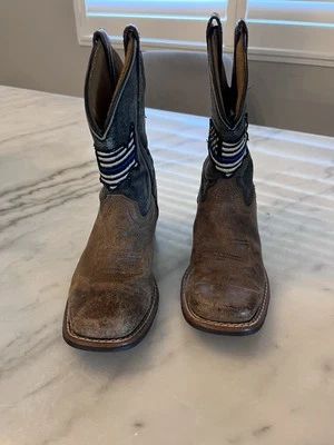 Botas de caubói juvenil biqueira quadrada fina linha azul bandeira patch - Imagem 1 de 4