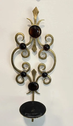 E1564~ Goldtone Metal Wall Candle Holder Sconce w/ Brown Stones Shabby-Chic Cover