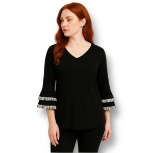 Chico's Damen 0 Small schwarz V-Ausschnitt Top Fransenärmel Boho Goth Festival Neu mit Etikett - Bild 1 von 12