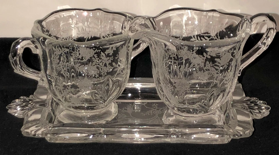 Fostoria CHINTZ CRYSTAL 3" CREAMER & SUGAR W/TRAY - Image 1 of 2