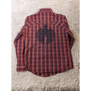 Rock 47 Bird Print Pearl Snap Shirt L/S Red Blue Plaid Men’s Size Large - Picture 1 of 7