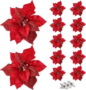 10 Pezzi Fiore Glitterato Natalizio 23CM Decorazione Rossa per Albero con Clip - Foto 1 di 7