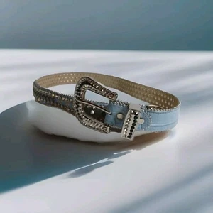 DNA Premium Blue/silver Rhinestones Genuine Western Leather Sky Blue Belt - Picture 1 of 11