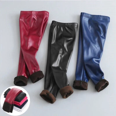 Baby Girls Leggings Warm Trousers Thick Velvet Winter Faux PU Leather Children - Image 1 of 4