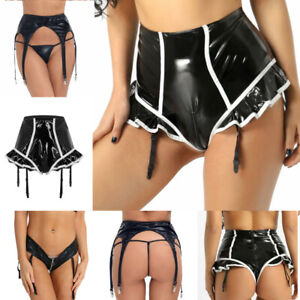 Women's Sexy Wet Look Leather Panties High Waist Zip Ruffled Garters Belt Clips