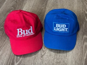 Lot 2 Bud Light Blue Logo / Budweiser King of Beers Red Baseball Hat Cap - NEW - Picture 1 of 4