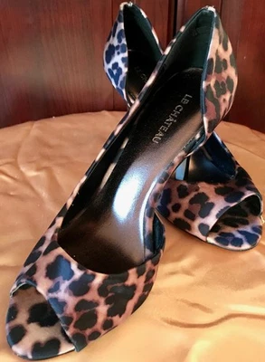 VTG LE CHATEAU SATIN LEOPARD STILETTO PEEP TOE OPEN SIDE HEELS-7M - Image 1 of 4