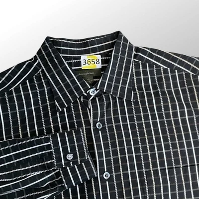 Ermenegildo Zegna Plaid Long Sleeve Dress Shirt Men Size 2XL White/Black - Image 1 of 4